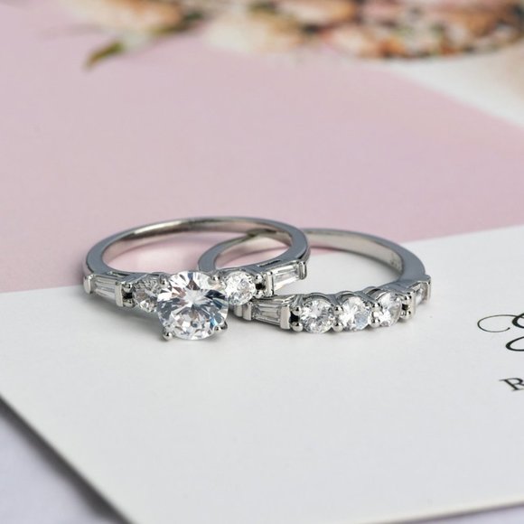 Engagement/Wedding Bright CZ 925 Silver Plated Ring Set for Women, VIP034